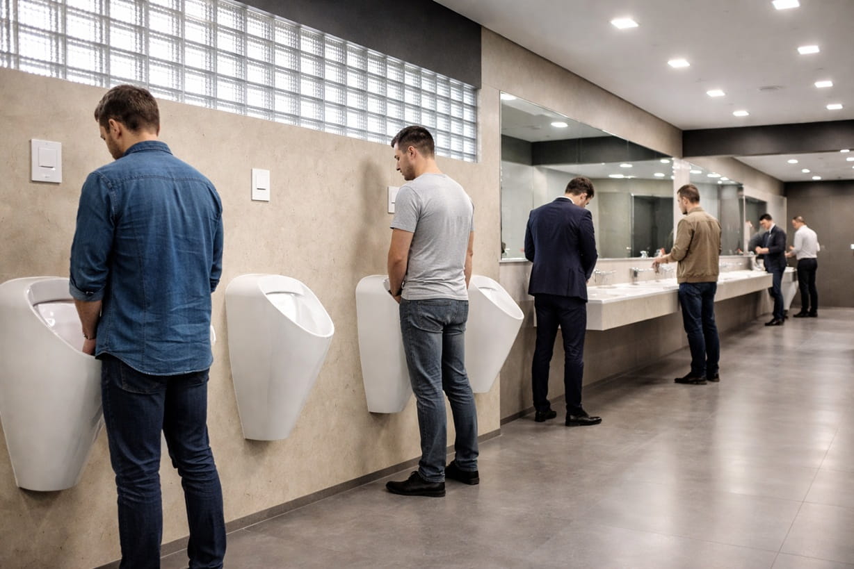 Men standing at urinals in a clean modern public restroom with sinks and mirrors